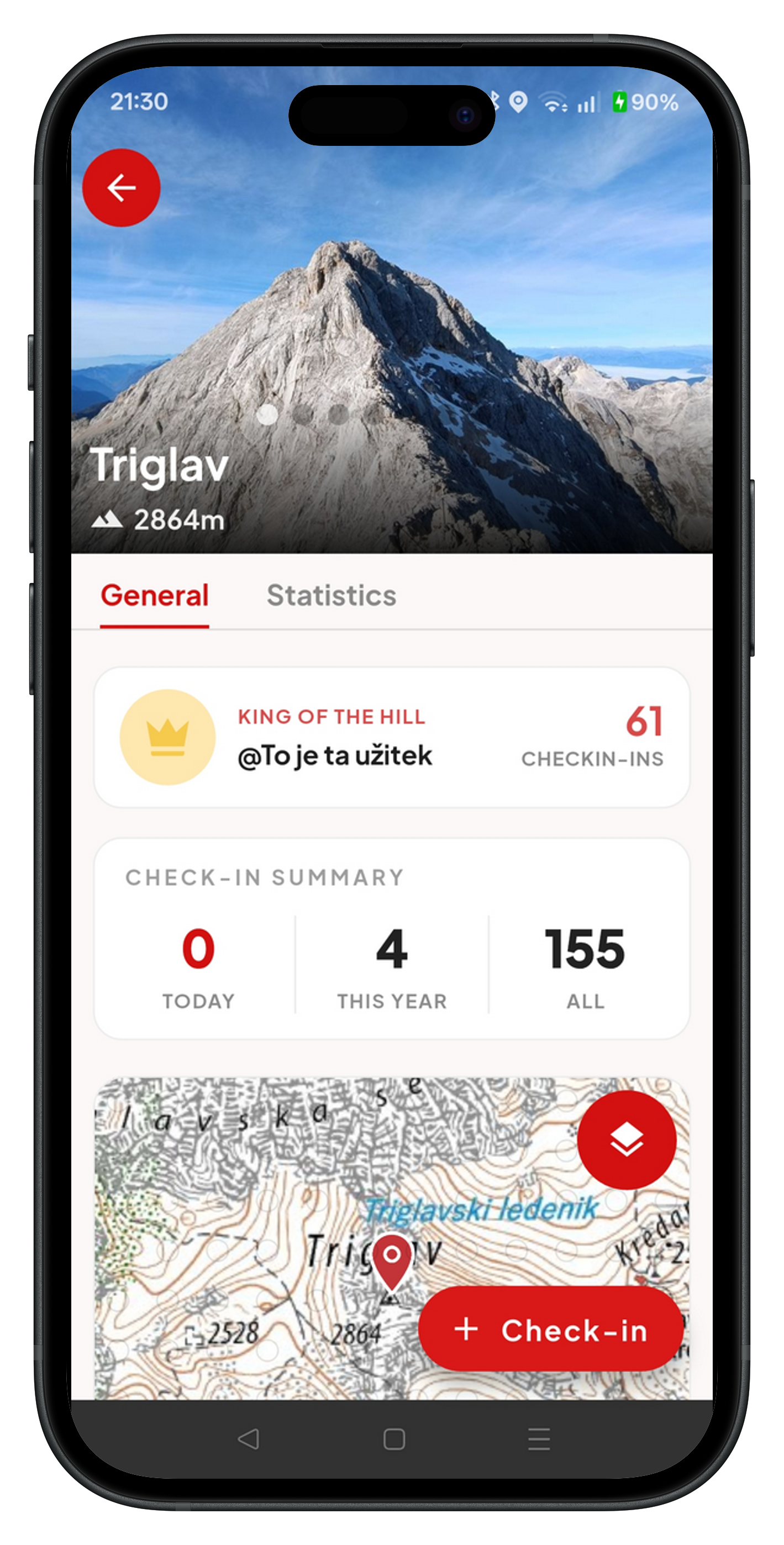 Zaslon aplikacije Zbiralec Vrhov